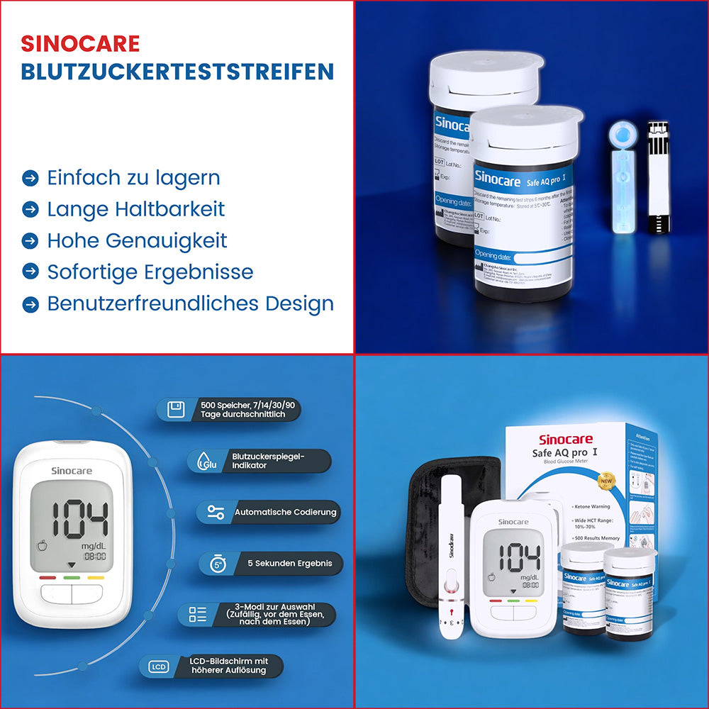 Blutzuckerteststreifen im Sinocare Kit - Blutzuckermesssystem Safe AQ pro I, Blutzuckerteststreifen, Sinocare, ETH Meditec, Diabetes, Gesundheit, Blutwertkontrolle, Diabetesmanagement, Testkit, Medizinprodukte