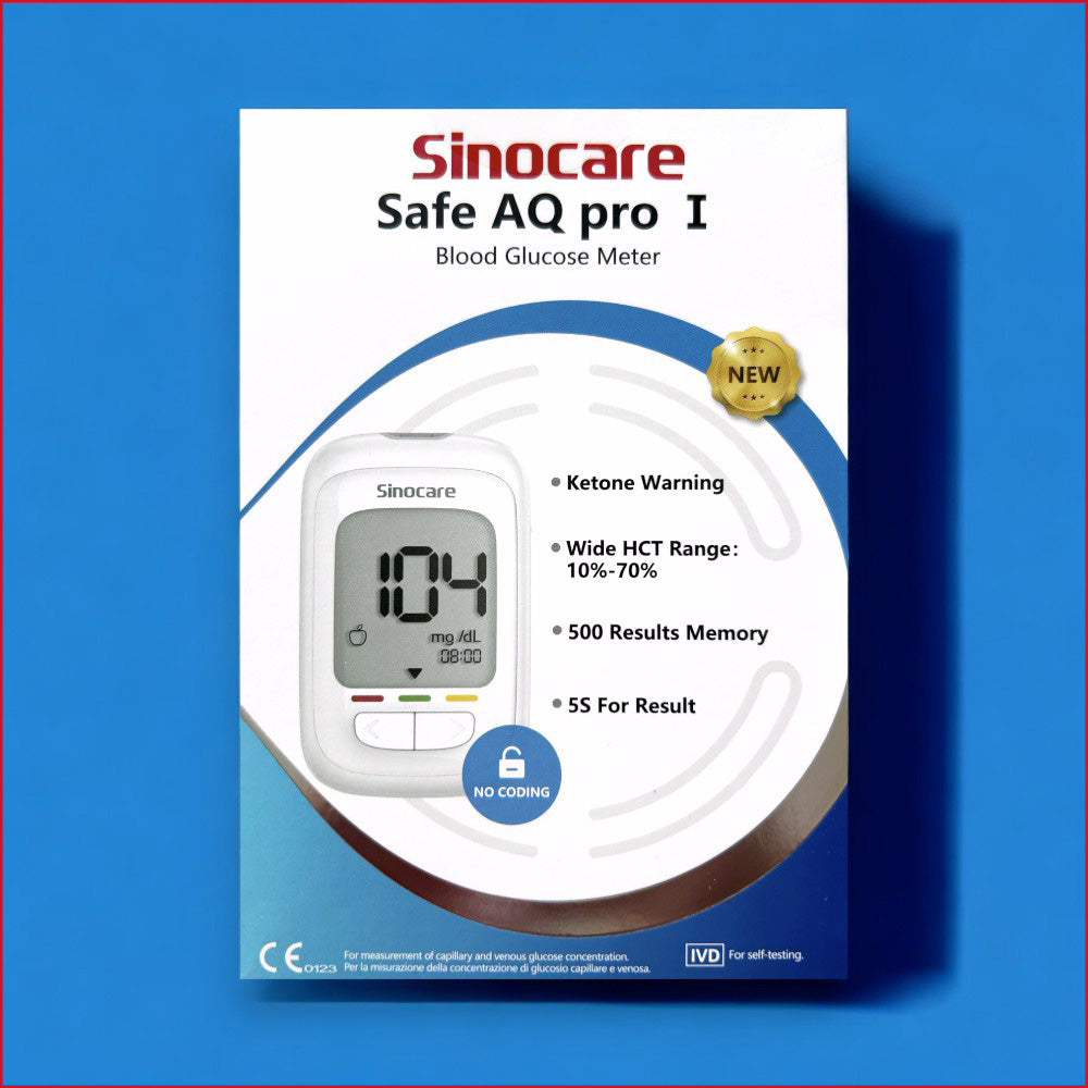 Packung des Sinocare Diabetes Test Kits - Diabetesmanagement mit Sinocare Gerät - Blutzuckermesssystem Safe AQ pro I, Blutzuckerteststreifen, Sinocare, ETH Meditec, Diabetes, Gesundheit, Blutwertkontrolle, Diabetesmanagement, Testkit, Medizinprodukte