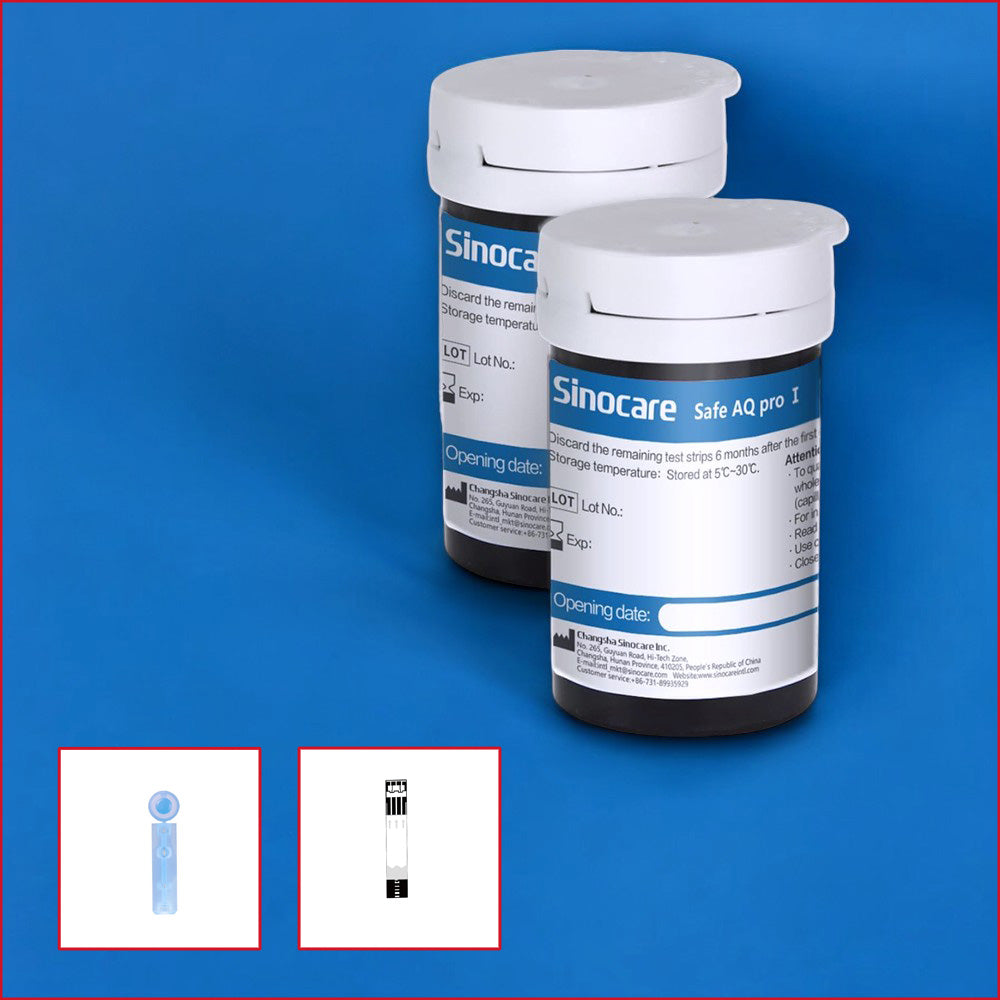 Sinocare Blutzuckermesssystem Safe AQ pro I Blutzuckerteststreifen - Diabetesmanagement mit Sinocare Gerät - Blutzuckermessgerät, Blutzuckerteststreifen, Sinocare, ETH Meditec, Diabetes, Gesundheit, Blutwertkontrolle, Diabetesmanagement, Testkit, Medizinprodukte