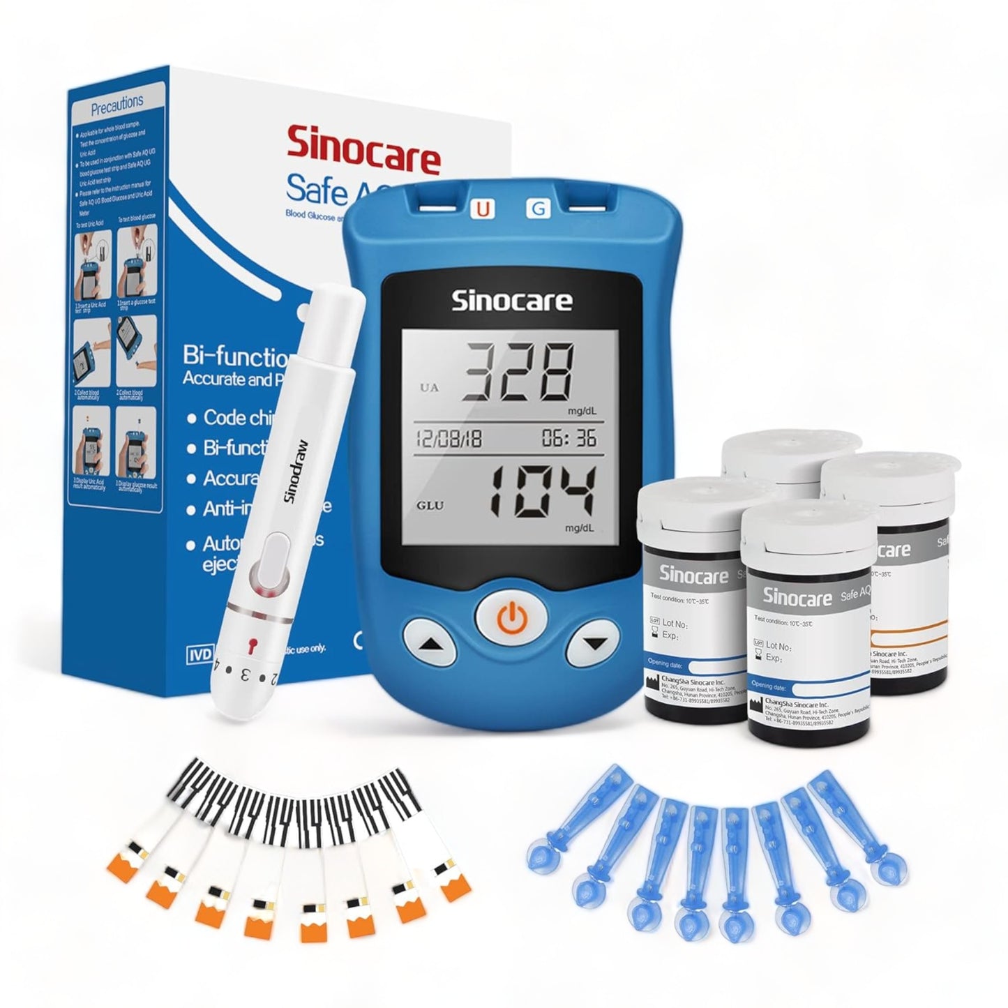 Das Sinocare Blutzucker- und Harnsäure-Messgerät Set, inklusive 50 Blutzuckerteststreifen, 50 Harnsäureteststreifen und 100 Lanzetten, bietet umfassende Überwachungsmöglichkeiten für die tägliche Gesundheit.