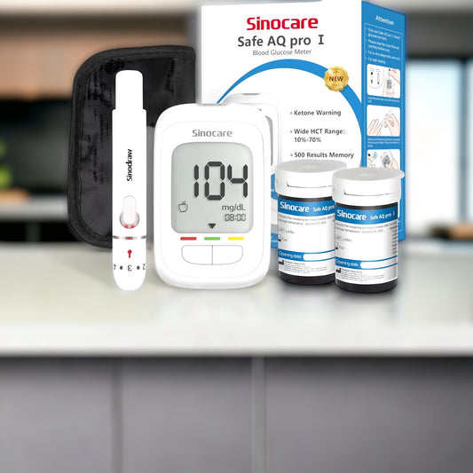 Sinocare Diabetes Test Kit mit Blutzuckermessgerät, 50 Teststreifen und 50 Lanzetten für eine umfassende Diabetesüberwachung.
