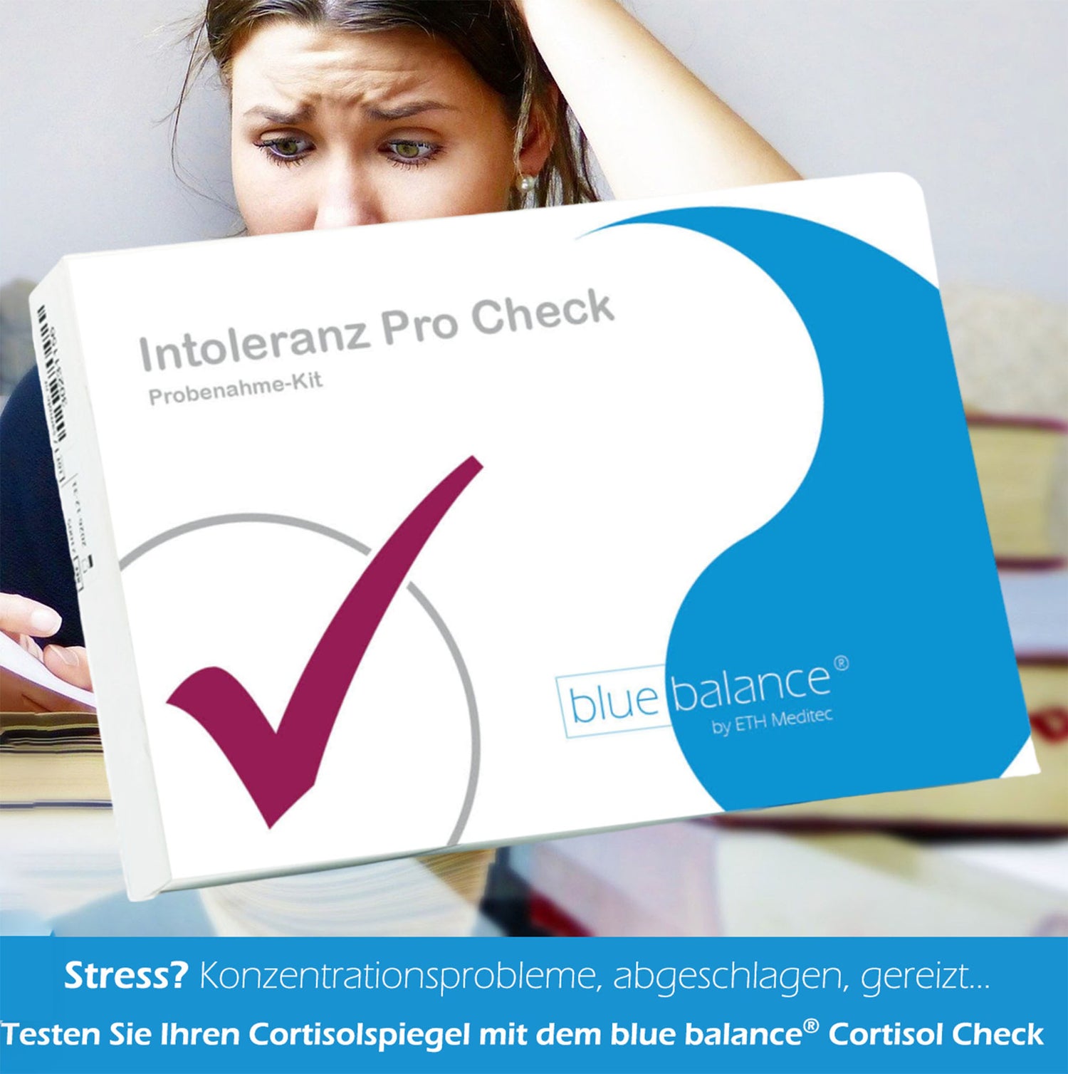 blue balance von ETH Meditec präsentiert die Kategorie Symtom-Angst mt einem Vorschaubild einer jungen Faru die gerade Ängste verspürt beim Lernen.