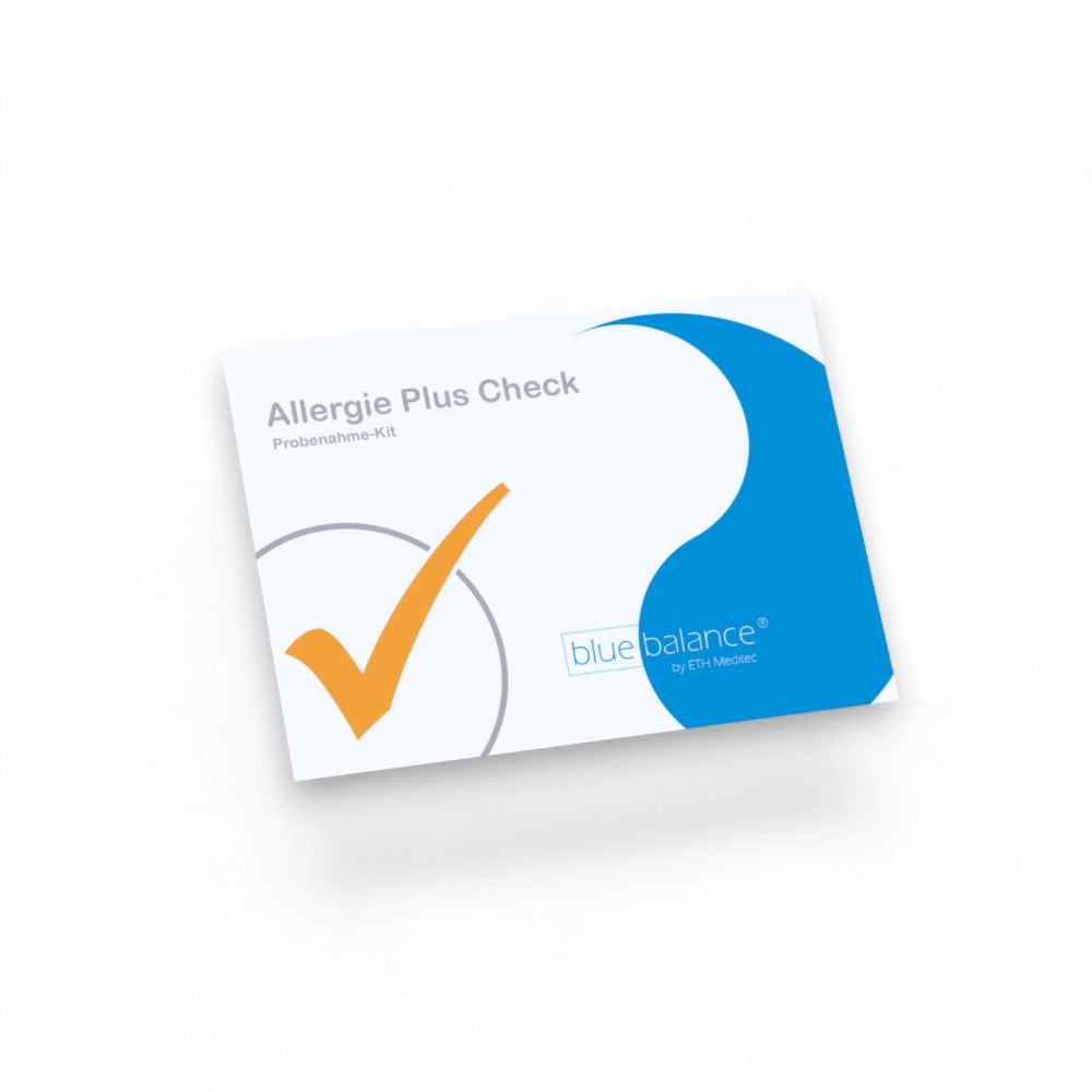 Verpackung des blue balance® Plus Checks - Allergietest, Allergie Plus Check, blue balance, allergische Reaktionen, Kreuzallergien, Heimanwendung, ELISA-Test, umfassende Auswertung, Gesundheit, Bluttest