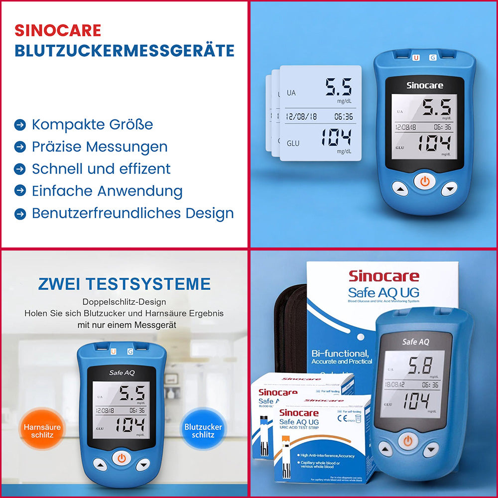 "Sinocare Blutzuckerteststreifen im Set - zuverlässige Tests für Ihre Blutzuckermessungen." - Sinocare, Blutzuckermessgerät, Blutzuckerteststreifen, Lanzetten, Gesundheit, Diabetes, Messgeräte, Präzision, Harnsäure, Selbstüberwachung