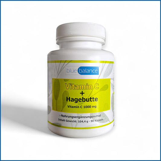 Hochdosierte Vitamin C Kapseln mit Hagebutte - Vitamin C, Hagebutte, Supplement, Vegan, blue balance, Gesundheit, Immunabwehr, Vitalität, ETH Meditec, Antioxidans