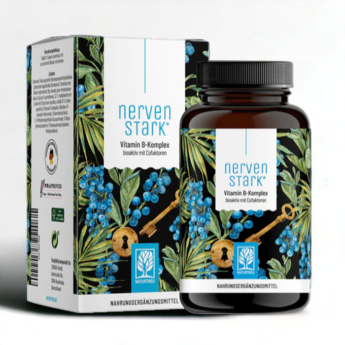 Naturtreu Nervenstark Vitamin B-Komplex hochdosiert Weißes Hintergrundbild: "Hochdosierter Vitamin B-Komplex Nervenstark von Naturtreu, natürliche Nahrungsergänzung für die Gesundheit"