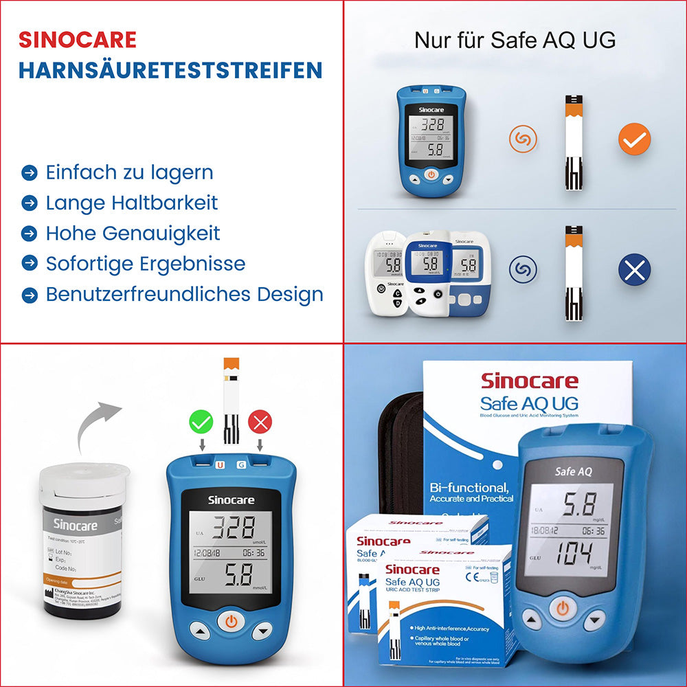 Sinocare Harnsäureteststreifen Packung - Harnsäureteststreifen, Lanzetten, Sinocare, ETH Meditec, Blutzuckermessgerät, Gesundheitsmanagement, Gichtüberwachung, Home Testing, einfache Anwendung, sichere Ergebnisse