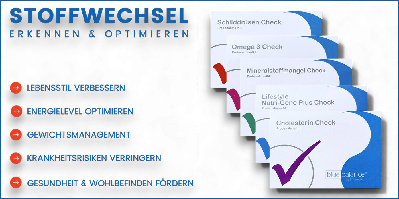 Stoffwechsel Tests von blue balance im ETH Meditec Shop - Schilddrüsen Test, Omega 3 Test, Mineralstoffmangel Test, Nutri Gene DNA Test, Cholesterin Test und viele weitere Selbsttests für zuhause. - Gesund mit ETH Meditec