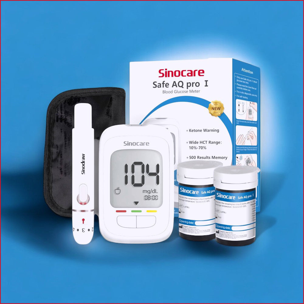 Blutzuckerteststreifen und Lanzetten im Sinocare Set - Blutzuckermesssystem Safe AQ pro I, Blutzuckerteststreifen, Sinocare, ETH Meditec, Diabetes, Gesundheit, Blutwertkontrolle, Diabetesmanagement, Testkit, Medizinprodukte