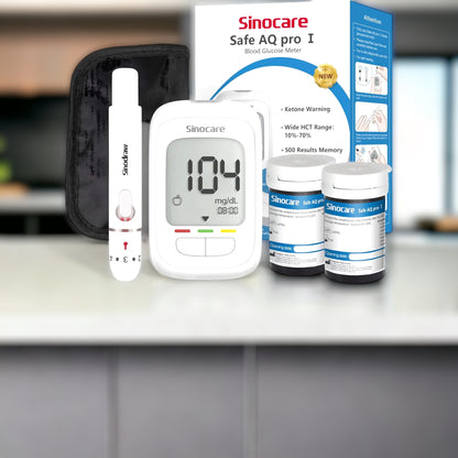 Sinocare Diabetes Test Kit mit Blutzuckermessgerät, 50 Teststreifen und 50 Lanzetten für eine umfassende Diabetesüberwachung.