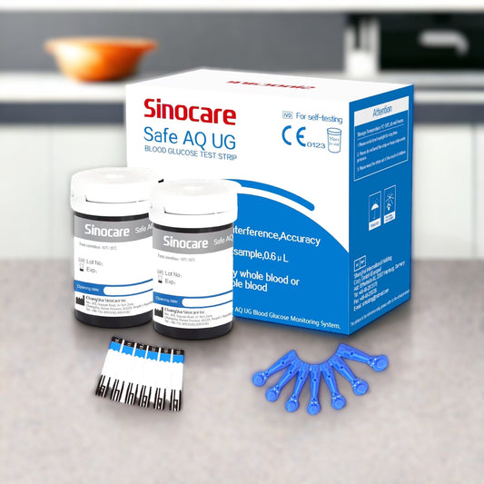 Komplettes Set mit 50 Stück Sinocare Blutzuckerteststreifen und 50 Stück Lanzetten für das Sinocare Blutzucker- und Harnsäuremessgerät Safe AQ UG.
