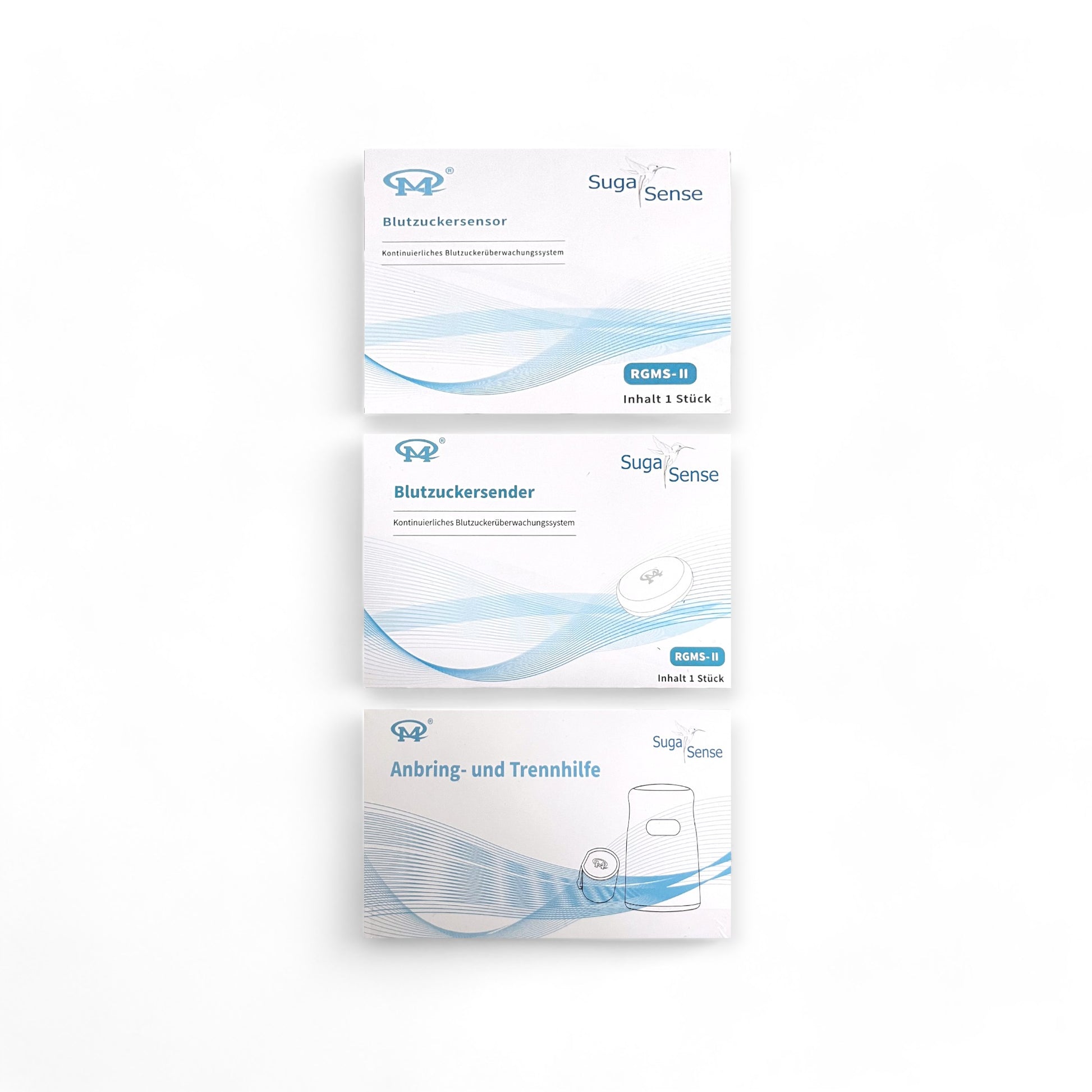 ETH Meditec Starterpaket mit dem Suga Sense Sensor und Sender, Anbringhilfen und Zubehör für die sanfte Vorbereitung der Haut und präzise Blutzuckermessung.