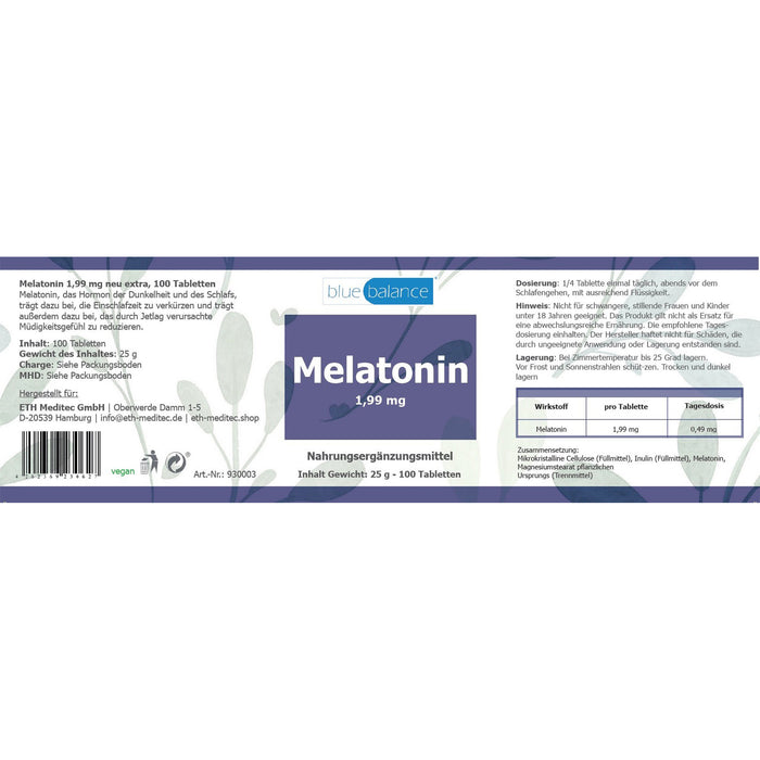 Melatonin-Tablettendose von Blue Balance ETH Meditec vor einem tiefblauen Hintergrund, symbolisierend Ruhe und Entspannung - Datenblatt