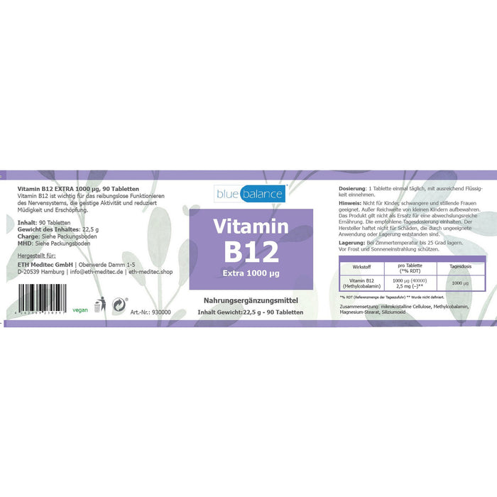 Detailansicht der blue balance® Vitamin B12 EXTRA Packung, Produkt der ETH Meditec Gruppe - Bild 2 von 4 mit Fokus auf Tabletten und Verpackungsdesign. - Datenblatt