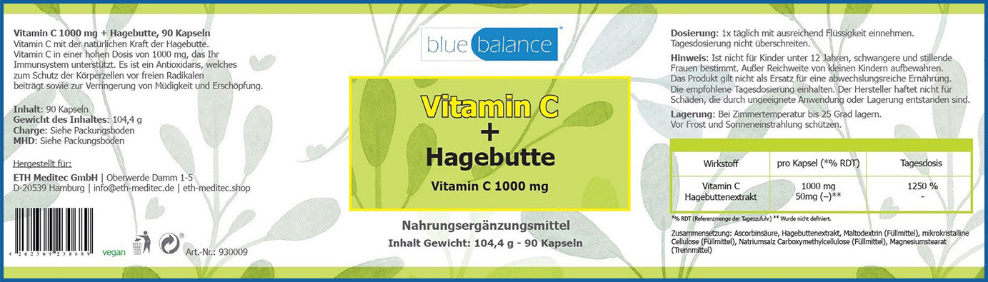 Gesundheitsfördernde Kapseln mit Hagebutte - Vitamin C, Hagebutte, Supplement, Vegan, blue balance, Gesundheit, Immunabwehr, Vitalität, ETH Meditec, Antioxidans, Hagebutte, Vitamine, Mineralien, Energie, Gesundheitsziele, Immunstärkung