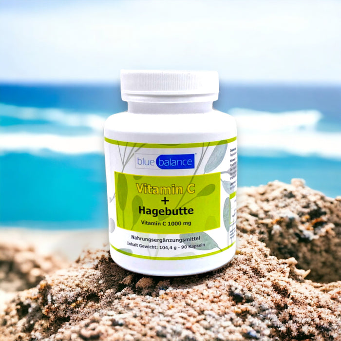 Blue Balance® Vitamin C 1000 mg + Hagebutte am Strand – fühlen Sie sich wie im Urlaub mit der puren Kraft der Natur. Stärken Sie Ihr Immunsystem natürlich und genießen Sie das Leben in voller Gesundheit mit dem sonnigen Versprechen von ETH-Meditec.
